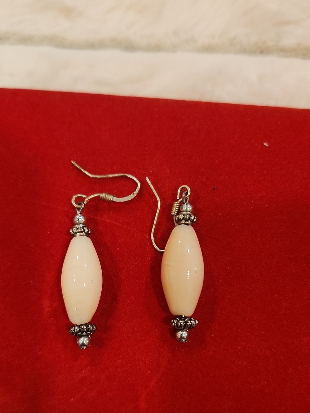 Cream Bead Drop Earrings with Silver-Tone Accents